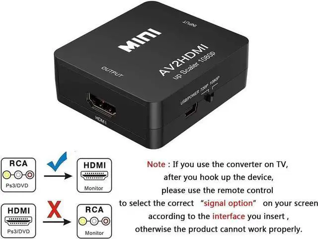 Alt view image 2 of 7 - AV to HDMI Converter, RCA to HDMI Adapter, 1080P Mini RCA Composite CVBS Video Audio Converter Adapter Support PAL/NTSC for TV/PC/ PS3/ STB/Xbox VHS/VCR/Blue-Ray DVD Players - Black