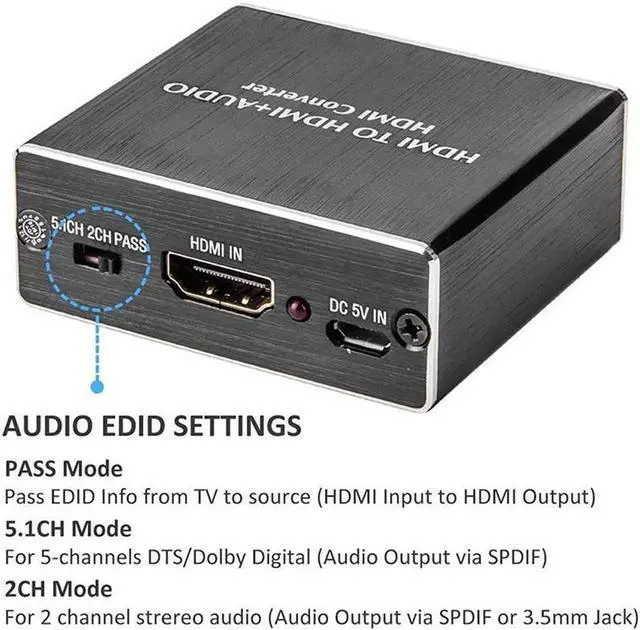 Alt view image 3 of 7 - Mini HDMI to Optical Audio Extractor, 4K @30Hz HDMI to HDMI SPDIF Splitter HDMI Toslink Converter with 3.5mm Stereo Sound out Support TV PS4 Slim Xbox Chromecast and Blu-ray DVD Player