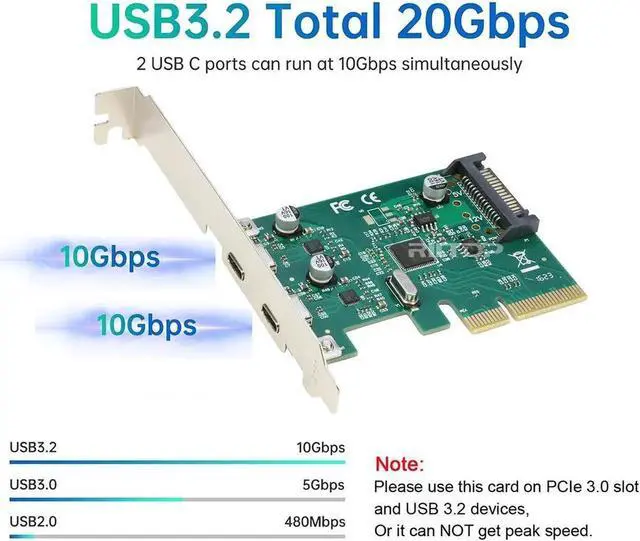 Alt view image 3 of 6 - PCIE to 2 Port USB C Expansion Card Adapter 10Gbps, PCI-E Type C USB 3.2 Gen2 Controller Card with Low Profile Bracket for Windows 11/10/8/7/XP