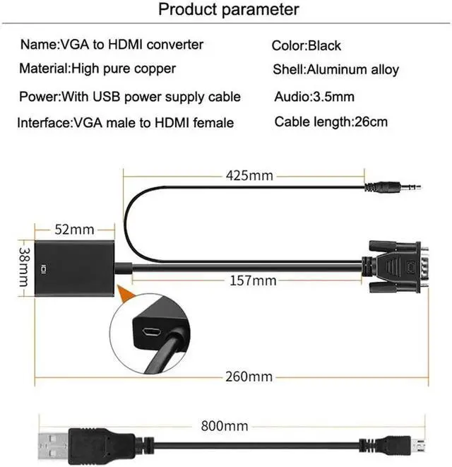 Alt view image 3 of 6 - VGA to HDMI Converter Adapter male to female With USB Audio 3.5mm Output 1080P VGA HDMI cable for PC laptop to HDTV Projector