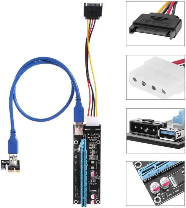 Alt view image 3 of 5 - USB 3.0 Mining PCI Express GPU 1X to 16X PCI-E Extender Riser Card Adapter PCI-E 1X Riser Board SATA 15Pin-6Pin Power Cord