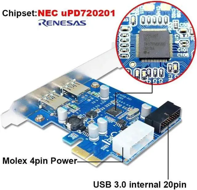 Alt view image 4 of 6 - 4 Port PCIE PCI-e to USB 3.0 (2 x Type A+ 20 Pin Internal) Expansion Card Hub PCI Express Card Adapter w/ Molex Power