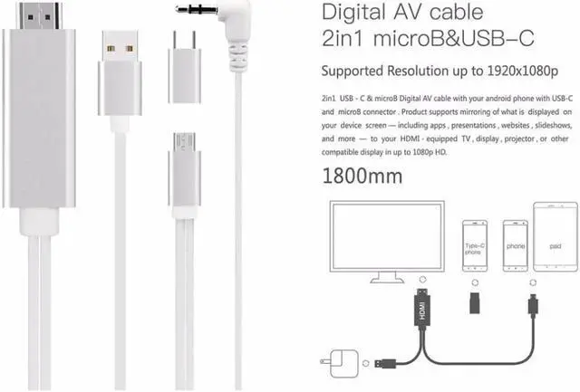 Alt view image 3 of 6 - 2 In 1 Type C and Micro USB To HDTV TV HDMI Adapter Charger Digital AV Cable with Audio USB Cable For Samsung Android iPhone