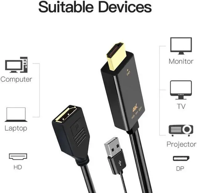 Alt view image 5 of 6 - HDMI Male to DisplayPort DP Female Converter Video Adapter Cable with USB Power 4K 30Hz for TV Monitor Projector 10 inch