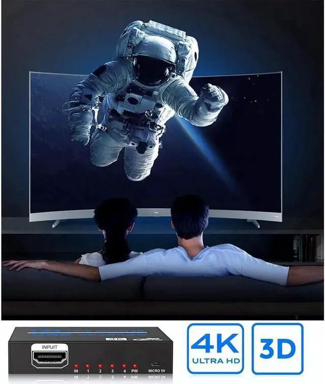 Alt view image 3 of 7 - 1x4 HDMI Splitter 1 in 4 Out, 4K HDMI Splitter V1.4b Powered Audio Video Distributor Duplicate/ Mirror Screen,1x4 HDMI Splitter Support 4kx2k 30Hz 3D for Xbox,PS5,Roku Blu-Ray Player,TV HDTV