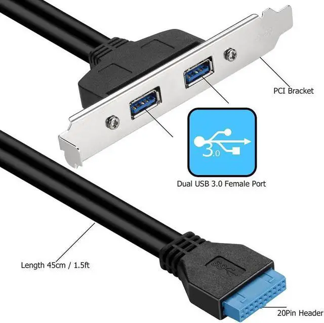 Alt view image 6 of 6 - 2 Ports USB 3.0 Female Back Panel To Motherboard 20pin Header Connector Cable Adapter With PCI Slot Plate Bracket 50cm