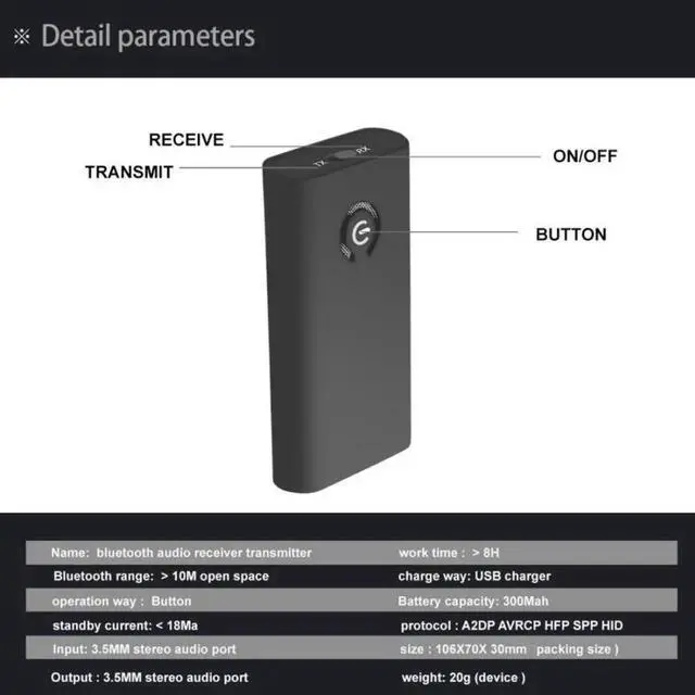 Alt view image 3 of 6 - B9 Wireless Bluetooth Transmitter Receiver 3.5mm Stereo Audio Adapter Output for Headphones TV PC 2 in 1 Transceiver Adapter