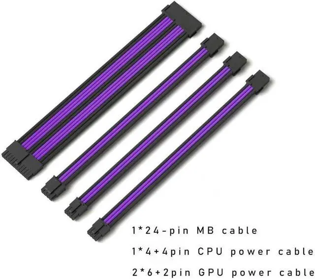 Main image of Mod Sleeved Cable, Black & Purple Power Supply Cable Extension Kit, 24PIN ATX, 4+4 PIN EPS, Dual 6+2 PIN PCIE(11.81")