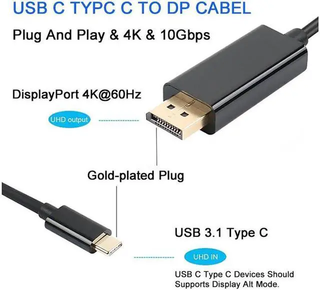 Alt view image 6 of 6 - USB C Type C To DP Cable 4K USB 3.1 Thunderbolt 3 Male To Male DisplayPort Adapter For MacBook Pro ChromeBook Pixel 950 XL LG G5