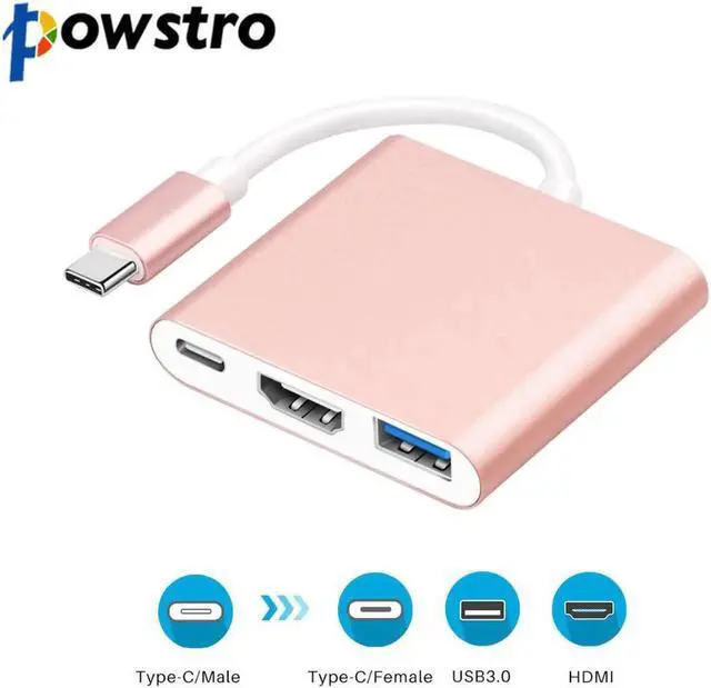 Main image of Powstro Type C to HDMI USB 3.0 3 in 1 Adapter TV Project Display 4K*2K 1080P Compatible For Huawei Matebook Chromebook Pixel