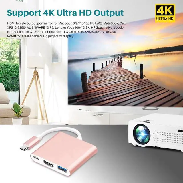 Alt view image 6 of 6 - Powstro Type C to HDMI USB 3.0 3 in 1 Adapter TV Project Display 4K*2K 1080P Compatible For Huawei Matebook Chromebook Pixel