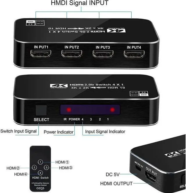 Alt view image 6 of 7 - 4K 60Hz 4x1 HDMI Switch, 4 Port Auto HDMI Switch Box with IR Remote,Support HDCP 2.2 4Kx2K 3D 1080P,4 in 1 Out HDMI Switch Switcher Selector for Xbox360/PS4/PS3/Roku/to TV Projector