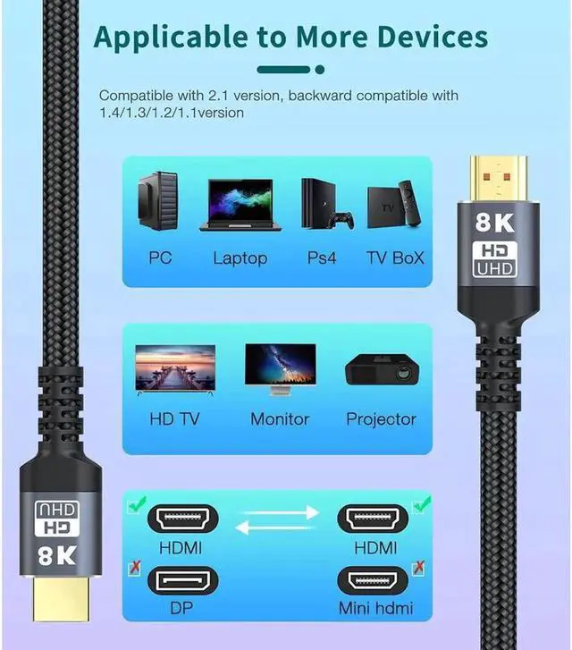 Alt view image 5 of 6 - 2m/6.56ft 5m/16.4ft 8K HDMI Cable Support ARC 3D HDR 4K 60Hz Ultra HD for Splitter Switch PS4 TV Box Projector