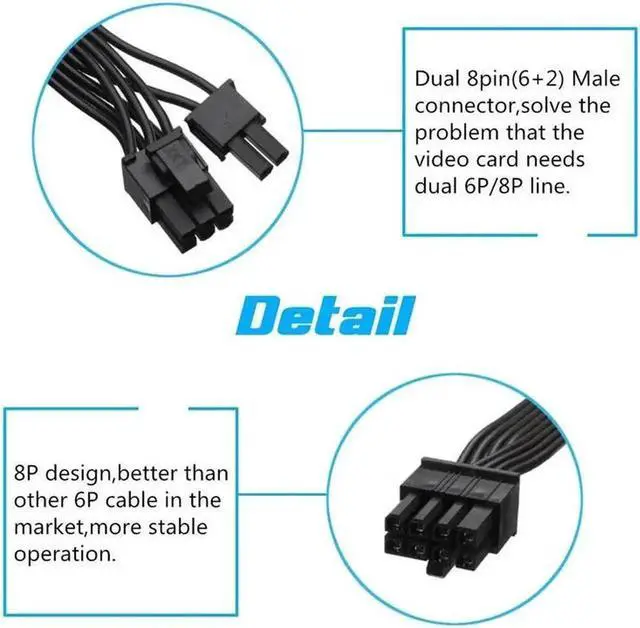 Alt view image 7 of 7 - 60cm 18AWG 8 Pin Male to Dual 8Pin(6+2) Male PCI-E Video Graphics Card Power Cable GPU Power Extension Cable Cord
