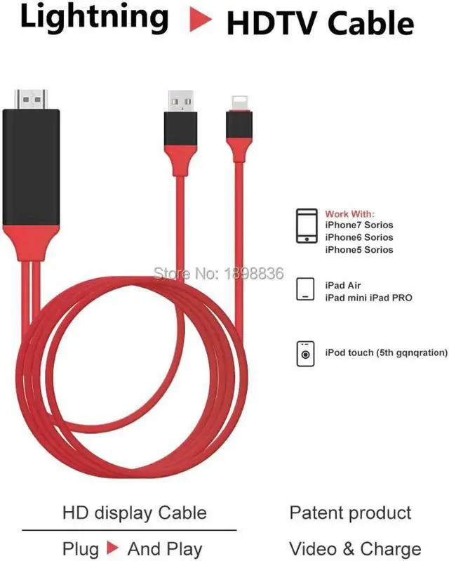 Alt view image 6 of 6 - 8 pin Lightning to HDMI HDTV AV Cable Adapter for iOS 10 11 iPhone X 5 SE 6S 7 8 Plus iPad Air 2 Pro mini iPod