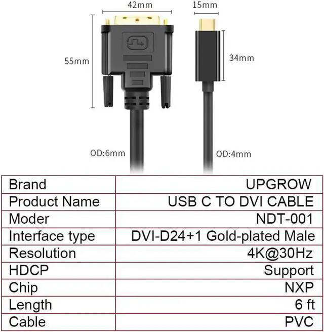 Main image of USB C Type C to DVI Cable 4K 30Hz Thunderbolt to DVI Cable 6FT / 1.8M USB Type-C to DVI Female Support 2017-2020 MacBook Pro,Surface Book 2, Dell XPS 13,Galaxy S10