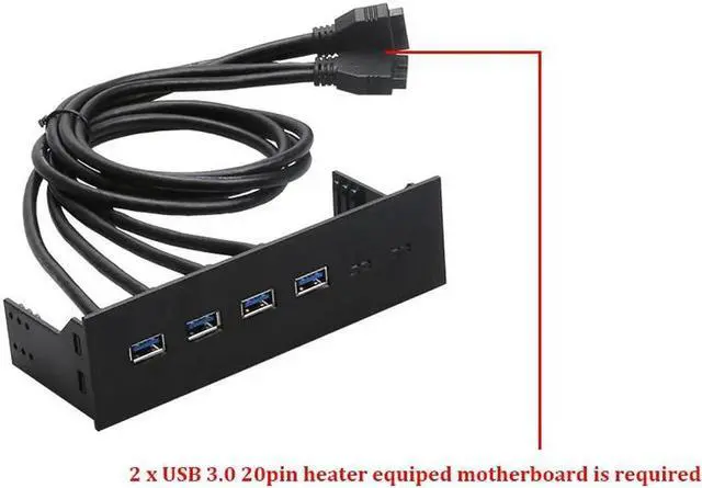 Main image of PC computer 5.25 inch front panel 4 Ports USB 3.0 Hub Splitter, 60CM Dual 2 x USB 3.0 Type A Female to 20pin Cable -Black Plastic