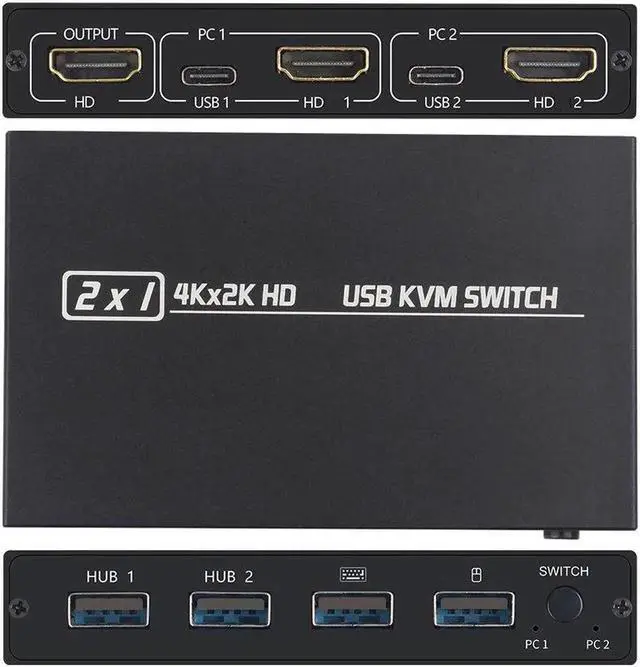 Alt view image 5 of 6 - HDMI-compatible 2 Port Box 4K KVM Shared Keyboard And Mouse Adapter Plug and play Switch botton