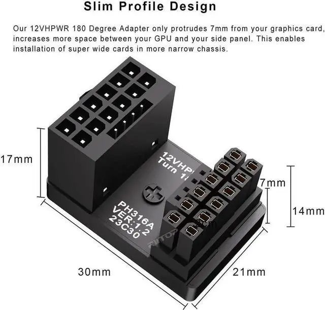 Alt view image 5 of 6 - 12VHPWR 180 Degree Angled Adapter: Aluminum ATX 3.0 16 Pin GPU Power Connector 600W Pcie5.0 Power Adapter for 12+4pin RTX 3090Ti 4070Ti 4080 4090 Graphic Card GPU (Type A, 2 Pack)