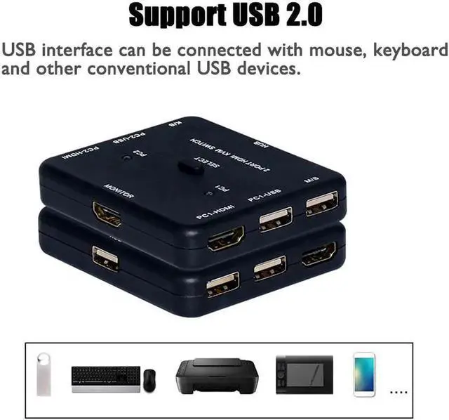 Alt view image 3 of 6 - 4K x 2K 3D HDMI-compatible KVM USB 2.0 Keyboard Mouse Printer Monitor Host HDTV PC MonitorSharing Switcher Box USB Splitter