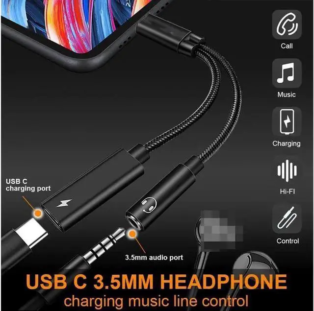 Alt view image 3 of 7 - USB c to 3.5mm Headphone and Type C PD 60W Charger Adapter, 2-in-1 USB C PD 3.0 Charging Port to Aux Audio Jack and Fast Charging Dongle Cable Cord Compatible with S21 S20 S20+ Ultra, Pixel 4 3 XL