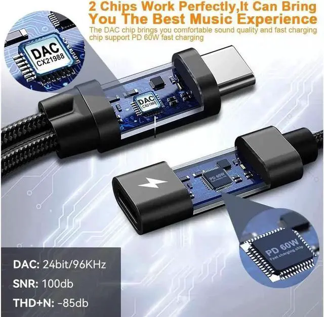Alt view image 5 of 7 - USB c to 3.5mm Headphone and Type C PD 60W Charger Adapter, 2-in-1 USB C PD 3.0 Charging Port to Aux Audio Jack and Fast Charging Dongle Cable Cord Compatible with S21 S20 S20+ Ultra, Pixel 4 3 XL