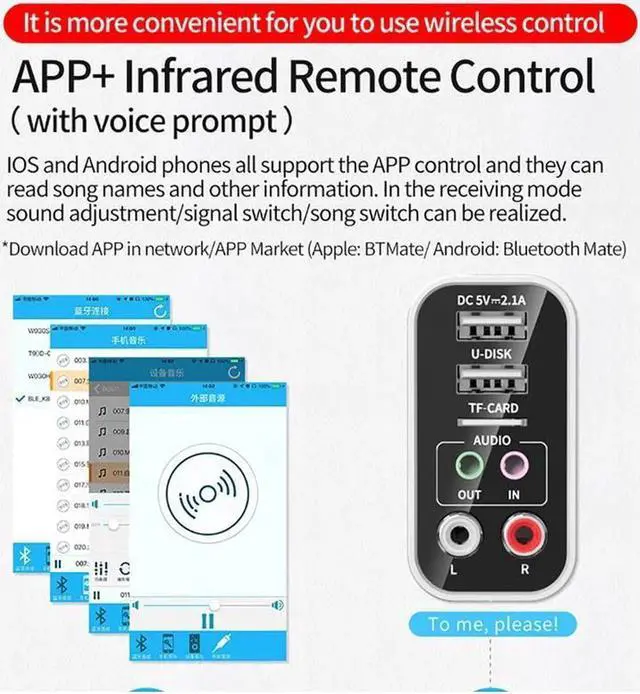 Alt view image 3 of 7 - 2 In 1 Bluetooth 5.0 Receiver Transmitter 3.5mm Aux L/R RCA Wireless Audio Adapter U Disk/TF Play Support APP Control USB Charger