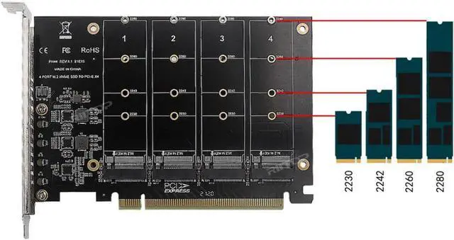 Alt view image 2 of 6 - Quad M.2 NVMe to PCIe 16x Adapter, 4 Port NVMe SSD Slot Converter to PCI-e 4.0 x16 Host Controller Expansion Card Adaptor High Speed 4x32Gbps For M Key NVMe SSD (PCI-e Bifurcation Required)