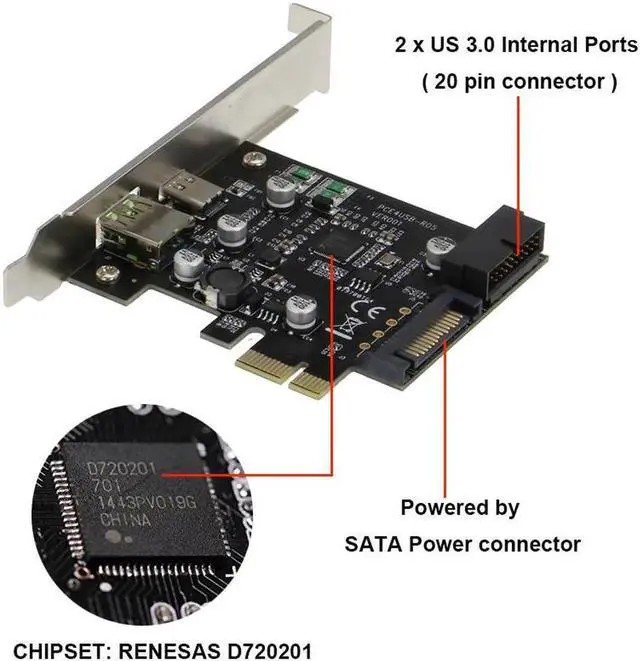 Alt view image 5 of 6 - SATA Powered 3 Ports(USB-C& USB 20pin) PCI-E to USB 3.0 Expansion Card w/ Type-A BC2.4A Charging, with 2 Ports USB 3.0 3.5" Floppy Bay Front Panel-2FT USB 20pin Header Splitter Cable
