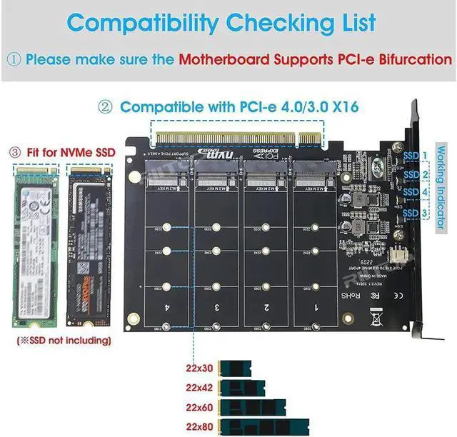 Alt view image 2 of 6 - Quad M.2 NVMe to PCIe Adapter Expansion Card (PCIe Bifurcation Motherboard is Required), Support 4* M.2 PCIe NVMe SSD