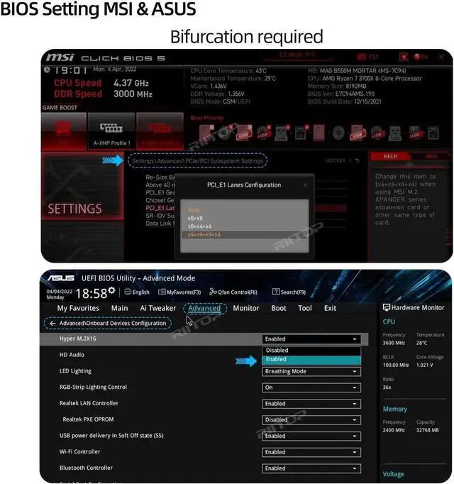 Alt view image 3 of 6 - Quad M.2 NVMe to PCIe Adapter Expansion Card (PCIe Bifurcation Motherboard is Required), Support 4* M.2 PCIe NVMe SSD