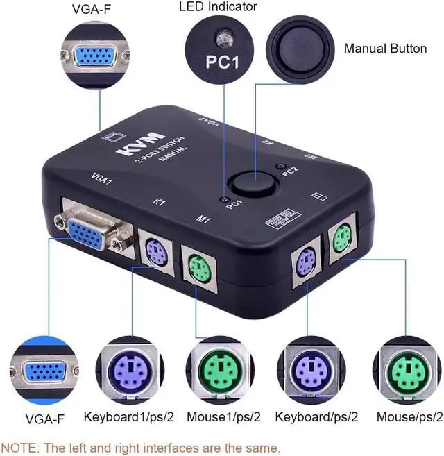 Alt view image 4 of 6 - 2 Port PS/2 KVM Switch Switcher 1920*1440 VGA SVGA Switch Splitter Box Controller for Keyboard Mouse Monitor Adapter