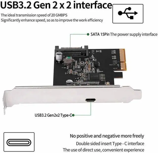 Alt view image 5 of 6 - USB 3.2 PCI Express Expansion Card PCI-E 4X to USB3.2 Gen2 X2 Type-C 20Gbps SATA Powered ASMedia ASM3242