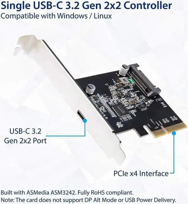 Alt view image 4 of 6 - USB 3.2 PCI Express Expansion Card PCI-E 4X to USB3.2 Gen2 X2 Type-C 20Gbps SATA Powered ASMedia ASM3242