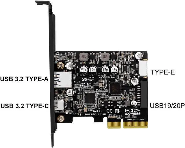 Alt view image 6 of 6 - USB C 10Gbps PCIe 3.0 Card,PCI Express x4 to USB 3.2 Type-C and Type-A 10Gb/s with Type-E A Key & USB 3.0 20Pin Motherboard Header Expansion Card for Front Panel w/ Full-Profile & Low-Profile Bracket