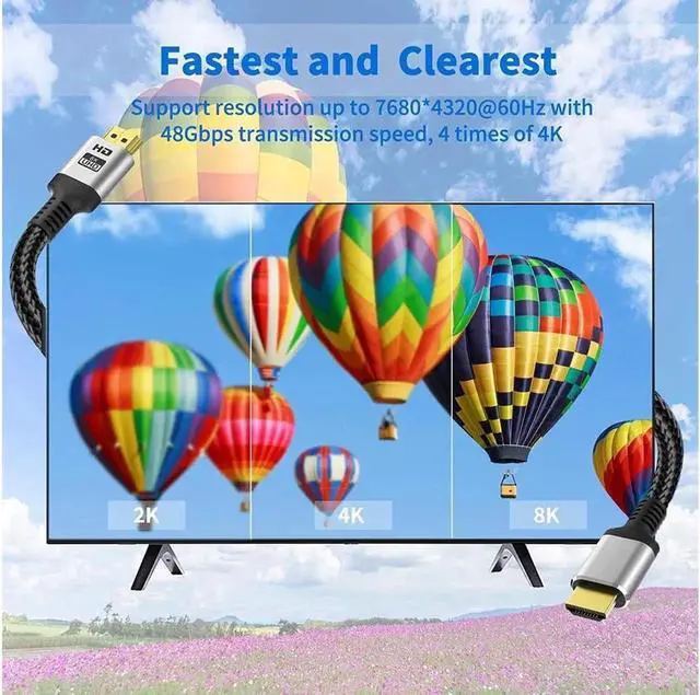 Alt view image 6 of 7 - 8K HDMI Cable 3.3ft/1m Ultra High Speed HDMI 2.1 Cable 48Gbps 8K@60Hz Support Dynamic HDR, 3D, eARC, HDCP 2.2, Cotton Braided HDMI Cord for PS5/PS4/Xbox/Apple TV/Nintendo Switch/Projector