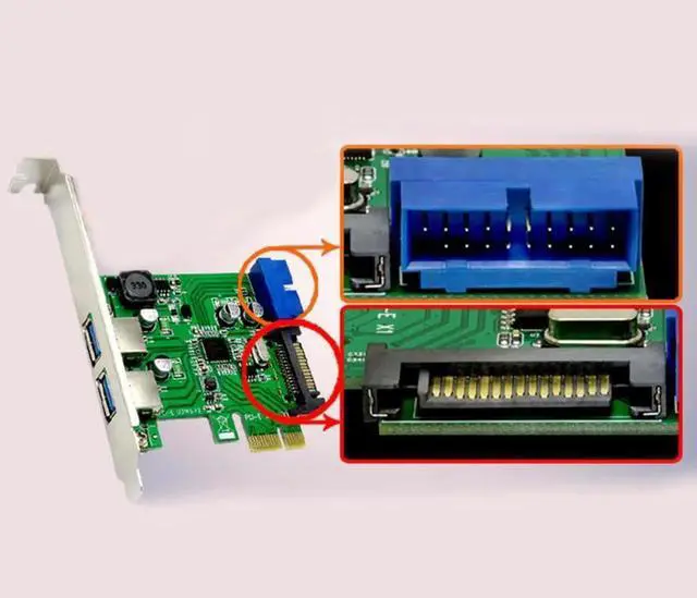 Alt view image 4 of 6 - Aomoproing New Hot PCI-E Express USB 3.0 2 Port HUB Card Adapter 19/20 pin Connector SATA Power QJY99