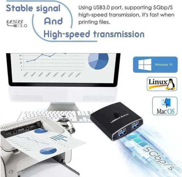 Alt view image 4 of 7 - USB 3.0 Switch Selector, Bi-directional USB Sharing Switch [2 in 1 Out/ 1 in 2 Out], USB 3.0 KVM Switcher Adapter for Keyboard, Mouse, Scanner, Printer etc.. (2 Pack USB 3.0 Cable Included)
