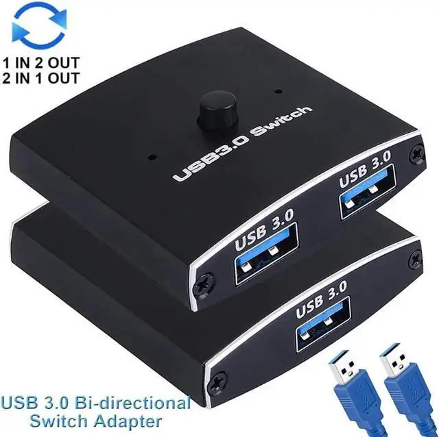 Main image of USB 3.0 Switch Selector, Bi-directional USB Sharing Switch [2 in 1 Out/ 1 in 2 Out], USB 3.0 KVM Switcher Adapter for Keyboard, Mouse, Scanner, Printer etc.. (2 Pack USB 3.0 Cable Included)