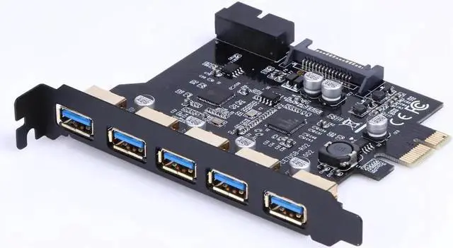 Alt view image 3 of 5 - Super speed PCI-E to USB 3.0 19-Pin 5 Port PCI Express Expansion Card SATA 15PIN Power Connector for Desktops