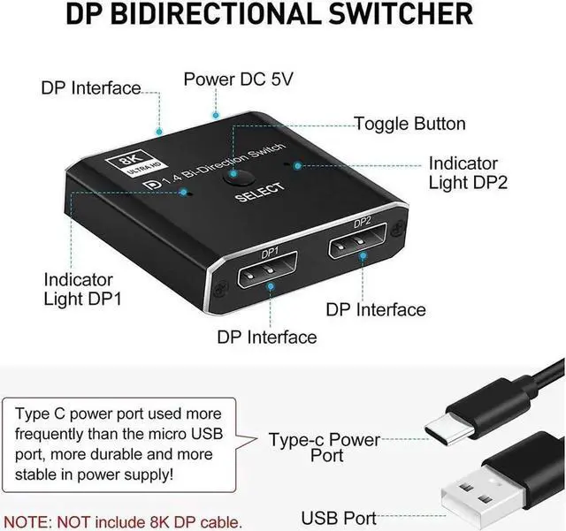 Alt view image 5 of 7 - 8K DisplayPort DP 1.4 Switch, Bi-Direction 1 in 2 Out, 2 in 1 Out Displayport DP Switch, 8K @30Hz 4K @120Hz Displayport Splitter Switcher for Multiple Source and displays
