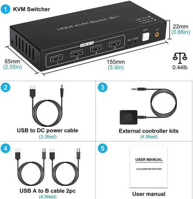 Alt view image 6 of 7 - Switch HDMI 2 Port 4K @60Hz, 2 in 1 Out HDMI KVM Switch with 4 Port USB 2.0 for 2 Computers 1 Monitor Share Keyboard Mouse Printer Support Wired-Desktop Controller Including 2 USB 2.0 Cable