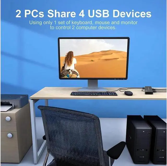 Alt view image 3 of 7 - Switch HDMI 2 Port 4K @60Hz, 2 in 1 Out HDMI KVM Switch with 4 Port USB 2.0 for 2 Computers 1 Monitor Share Keyboard Mouse Printer Support Wired-Desktop Controller Including 2 USB 2.0 Cable