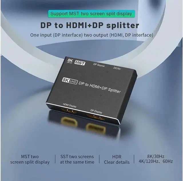 Alt view image 3 of 7 - 8K DisplayPort to DisplayPort HDMI-Compatible Splitter Adapter MST SST Mode 8K @30Hz 4K @120Hz 1 in 2 Out Directional DP1.4 Splitter Dual Monitor for DP and HD Multi Screen simultaneous displays