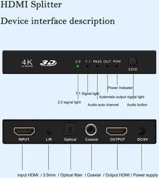 Alt view image 5 of 7 - 4K@30HZ HDMI Audio Extractor Splitter HDMI 2CH/7.1 CH Audio Output 3D EDID Digital / Analog Audio Extraction