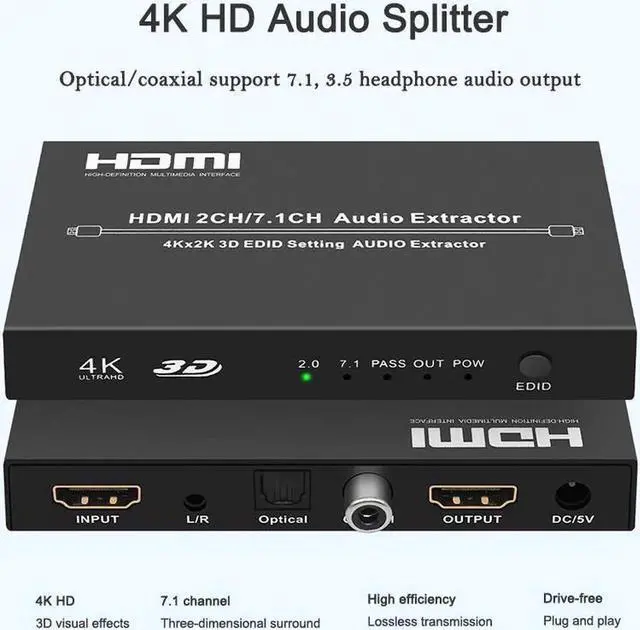 Alt view image 4 of 7 - 4K@30HZ HDMI Audio Extractor Splitter HDMI 2CH/7.1 CH Audio Output 3D EDID Digital / Analog Audio Extraction