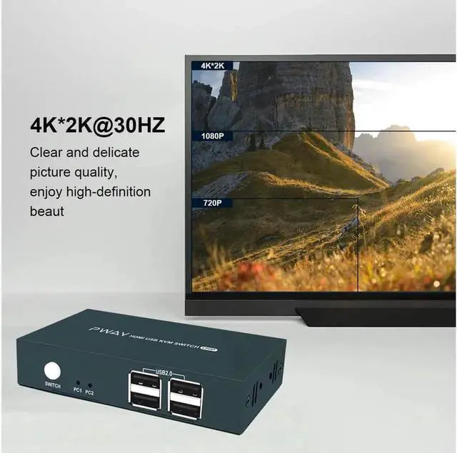 Alt view image 4 of 7 - Switch HDMI, UHD 4K @30Hz, HDMI KVM Switch 2 Port with 4 USB 2.0, Support HDMI Switch for 2 Computers Share Keyboard Mouse Printer and one HD Monitor, with 2 HDMI and 2 USB Cables