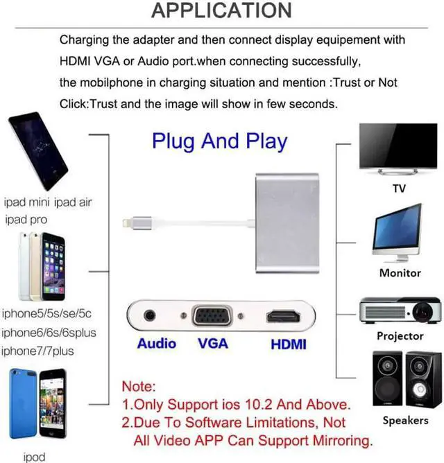 Alt view image 5 of 6 - HDMI To VGA Adapter For iPhone To HDMI VGA Audio TV AV Converter Cable 1080P With USB Cable For iPhone X 6 7 8 Plus iPad