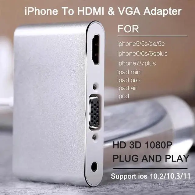 Alt view image 6 of 6 - HDMI To VGA Adapter For iPhone To HDMI VGA Audio TV AV Converter Cable 1080P With USB Cable For iPhone X 6 7 8 Plus iPad
