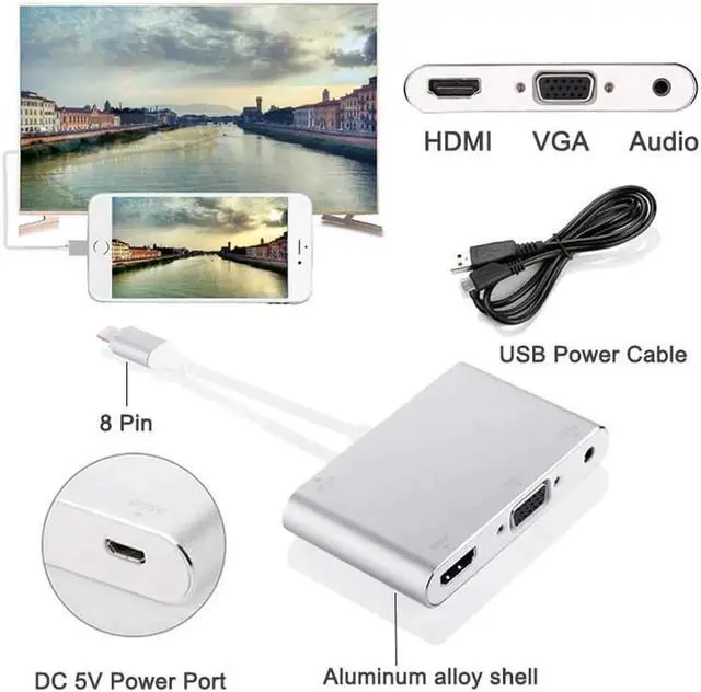 Alt view image 2 of 6 - HDMI To VGA Adapter For iPhone To HDMI VGA Audio TV AV Converter Cable 1080P With USB Cable For iPhone X 6 7 8 Plus iPad